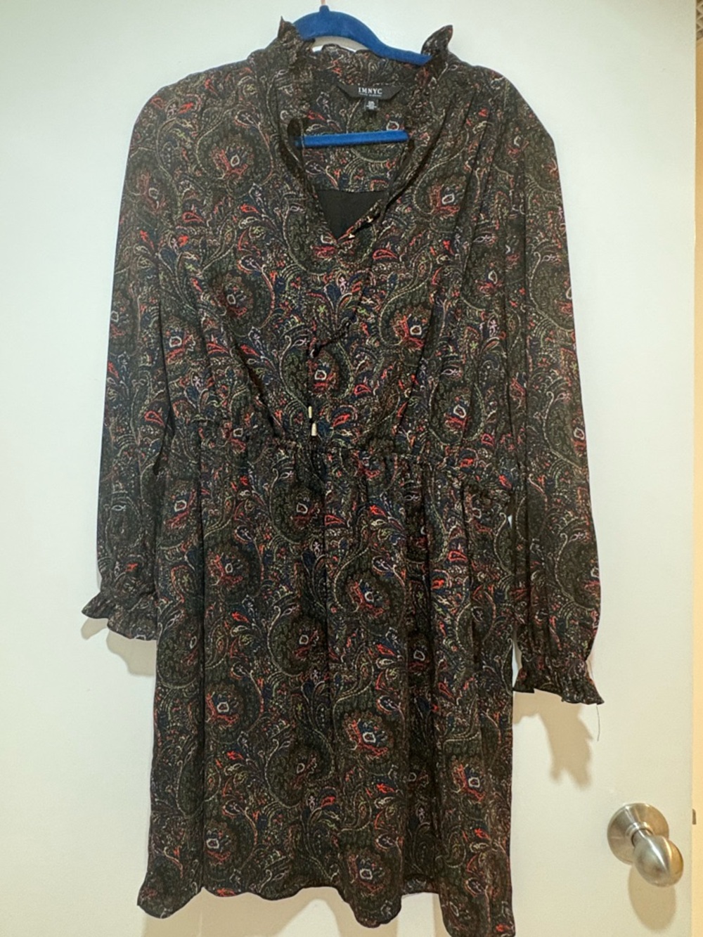 Black Paisley Long Sleeve Tie-Waist Dress
